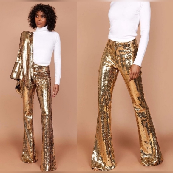 NADINE MERABI HARPER GOLD SEQUIN TROUSERS - Picture 1 of 7